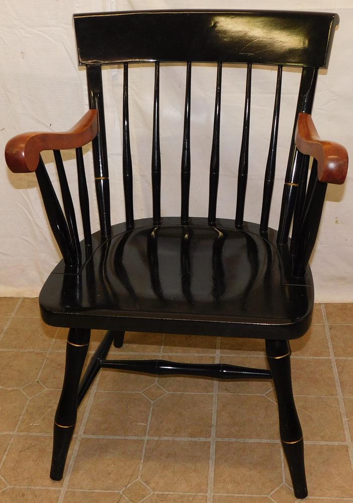 Black Lacquered Arm Chair By Nichols & Stone: Black Lacquered Arm Chair By Nichols & Stone. 34 1/4" H ALL DESCRIPTIONS AND ANY CONDITION STATEMENT GIVEN BY LANGSTON AUCTION GALLERY ARE STRICTLY OPINIONS AND LANGSTON'S SHALL HAVE NO RESPONSIBILITY