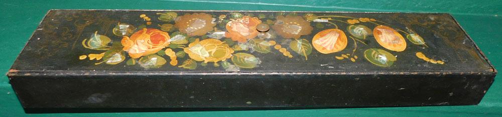 Paint Decorated Metal Box: Paint Decorated Metal Box. 24 1/4" W 5 1/2" D 2 1/2" H ALL DESCRIPTIONS AND ANY CONDITION STATEMENT GIVEN BY LANGSTON AUCTION GALLERY ARE STRICTLY OPINIONS AND LANGSTON'S SHALL HAVE NO RESPONSIBILITY 