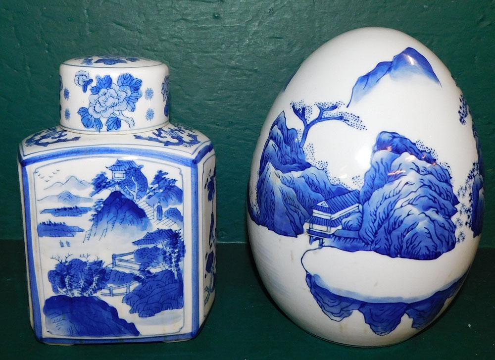 Oriental Blue & White Canister & Egg: Oriental Blue & White Canister & Egg. 10" H - Tallest ALL DESCRIPTIONS AND ANY CONDITION STATEMENT GIVEN BY LANGSTON AUCTION GALLERY ARE STRICTLY OPINIONS AND LANGSTON'S SHALL HAVE NO RESPONSIBILITY F