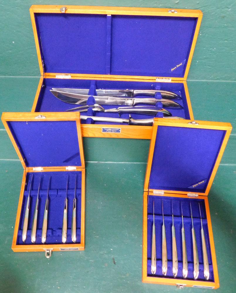 Three Sets Of Knives In Original Wood Cases: Three Sets Of Knives In Original Wood Cases. ALL DESCRIPTIONS AND ANY CONDITION STATEMENT GIVEN BY LANGSTON AUCTION GALLERY ARE STRICTLY OPINIONS AND LANGSTON'S SHALL HAVE NO RESPONSIBILITY FOR ERRORS