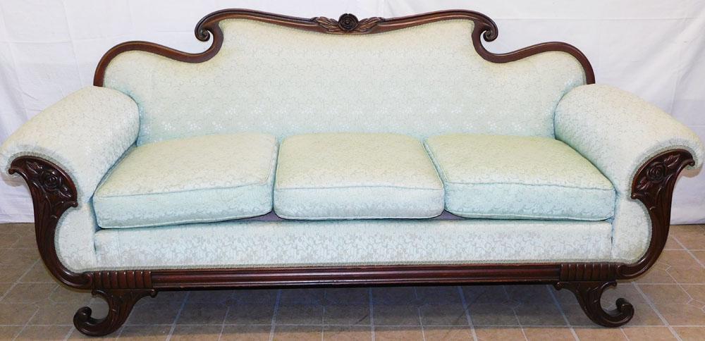 Mahogany Carved Sofa: Mahogany Carved Sofa. 78" W 34" D 34 1/2" H ALL DESCRIPTIONS AND ANY CONDITION STATEMENT GIVEN BY LANGSTON AUCTION GALLERY ARE STRICTLY OPINIONS AND LANGSTON'S SHALL HAVE NO RESPONSIBILITY FOR ERRORS 