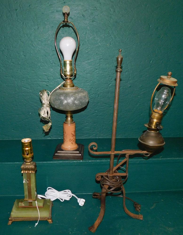 Three Antique Lamps: Three Antique Lamps. Up to 22" H ALL DESCRIPTIONS AND ANY CONDITION STATEMENT GIVEN BY LANGSTON AUCTION GALLERY ARE STRICTLY OPINIONS AND LANGSTON'S SHALL HAVE NO RESPONSIBILITY FOR ERRORS OR OMISSION