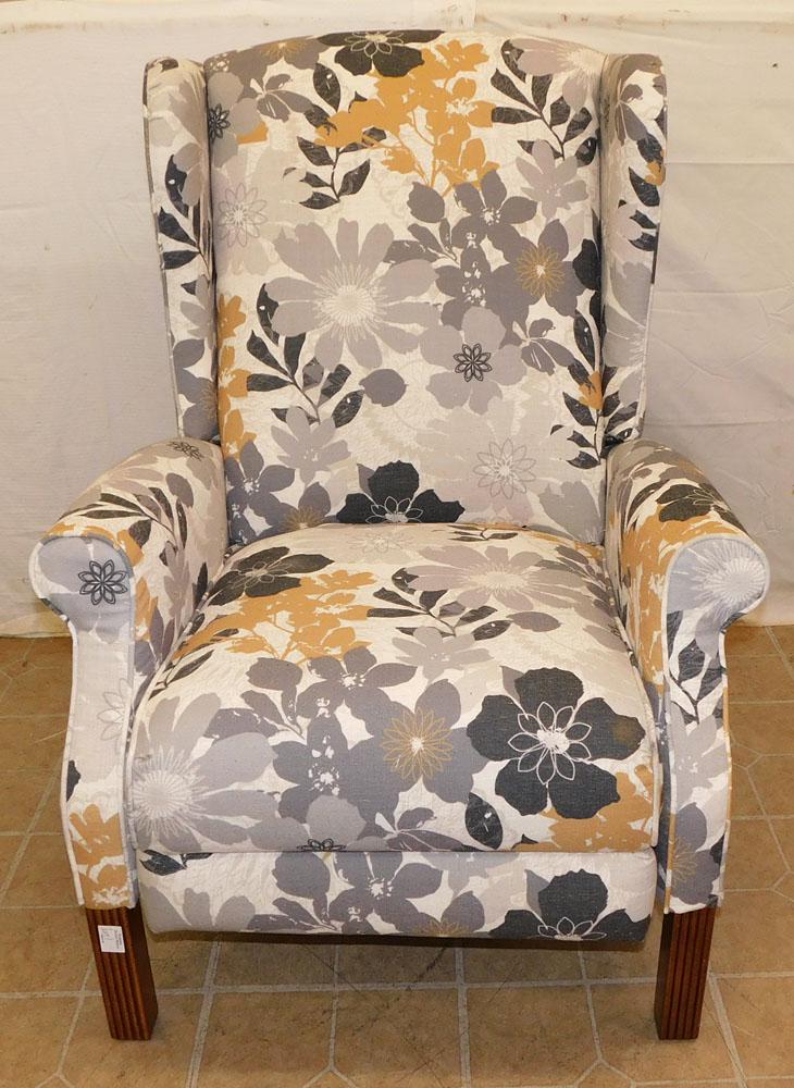 Upholstered Wing Back Recliner: Upholstered Wing Back Recliner. 40" H ALL DESCRIPTIONS AND ANY CONDITION STATEMENT GIVEN BY LANGSTON AUCTION GALLERY ARE STRICTLY OPINIONS AND LANGSTON'S SHALL HAVE NO RESPONSIBILITY FOR ERRORS OR OMI