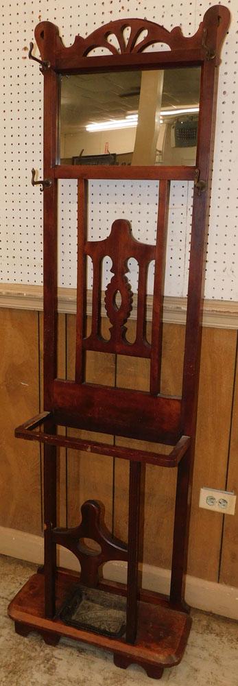 Victorian Cherry Hall Tree: Victorian Cherry Hall Tree. 21 1/2" W 9 1/2" D 72" H ALL DESCRIPTIONS AND ANY CONDITION STATEMENT GIVEN BY LANGSTON AUCTION GALLERY ARE STRICTLY OPINIONS AND LANGSTON'S SHALL HAVE NO RESPONSIBILITY FO