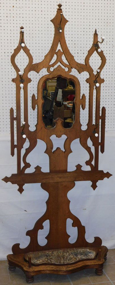 Antique Walnut Victorian Gothic Style Hall Tree with Cast Iron Umbrella Pan (1 of 6)