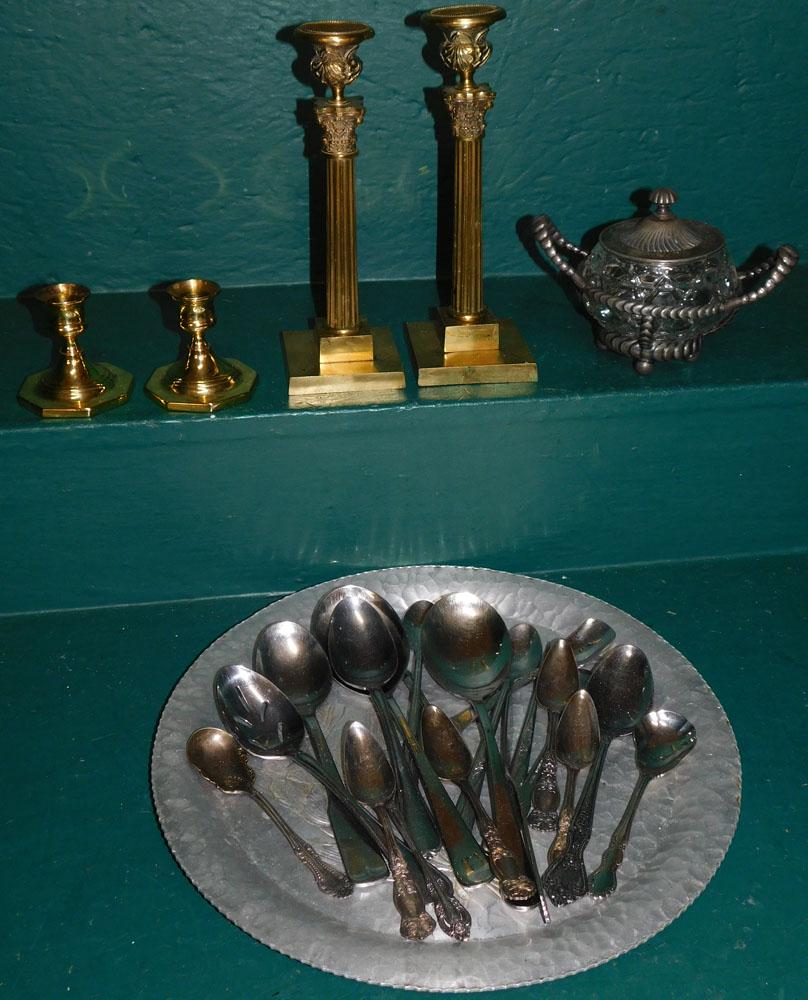 Lot Misc. Silverplate Flatware, Aluminum Tray, & Brass Candlesticks, (1 Pair By Baldwin) (1 of 4)