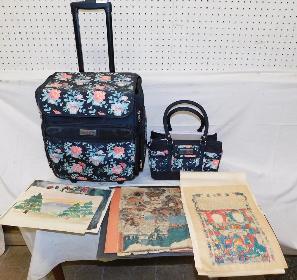 Vintage Suitcase, Ladies Bag, & Unframed Artwork: Vintage Suitcase, Ladies Bag, & Unframed Artwork. Up to 16" W 10" D 18" H ALL DESCRIPTIONS AND ANY CONDITION STATEMENT GIVEN BY LANGSTON AUCTION GALLERY ARE STRICTLY OPINIONS AND LANGSTON'S SHALL HAVE