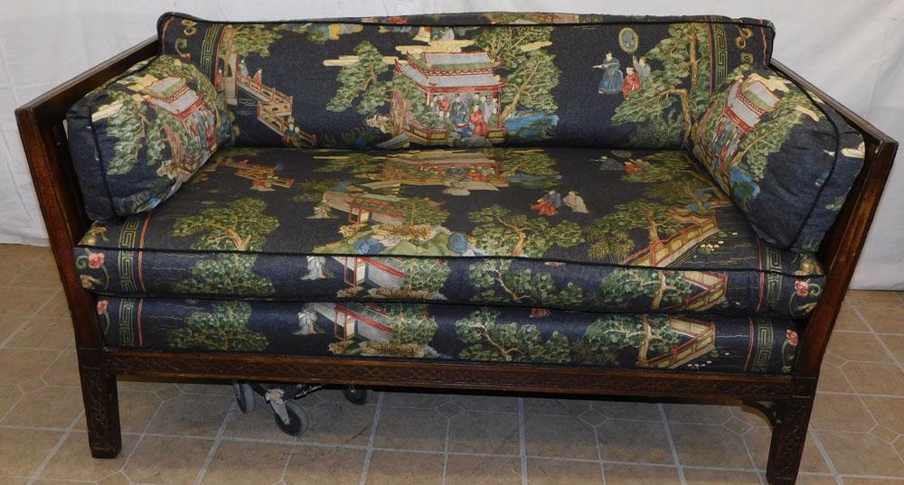 Chinese Chippendale Mahogany Oriental Upholstered Loveseat: Chinese Chippendale Mahogany Oriental Upholstered Loveseat. 56 1/2" L 33" D 27 1/4" H ALL DESCRIPTIONS AND ANY CONDITION STATEMENT GIVEN BY LANGSTON AUCTION GALLERY ARE STRICTLY OPINIONS AND LANGSTON'