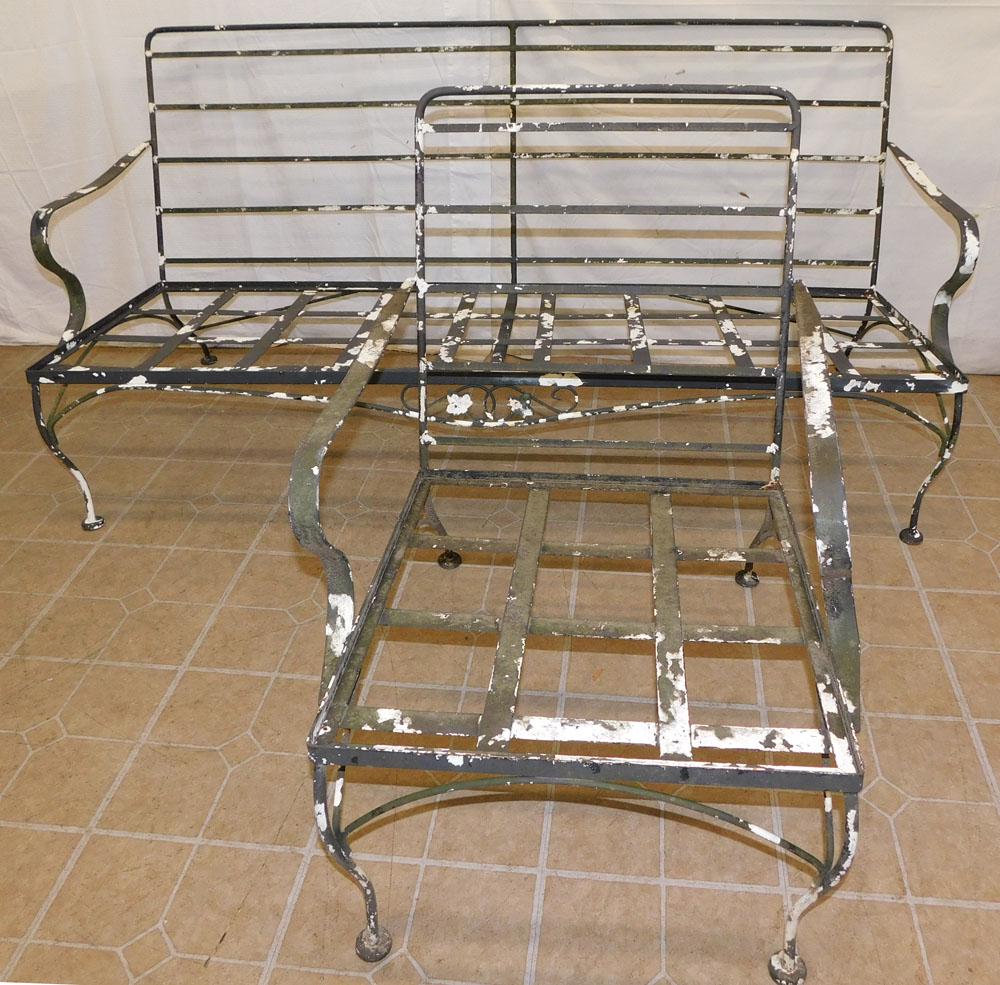 Wrought Iron Sofa Frame & Arm Chair Frame: Wrought Iron Sofa Frame & Arm Chair Frame. 67 1/2" L 30" D 31 3/4" H ALL DESCRIPTIONS AND ANY CONDITION STATEMENT GIVEN BY LANGSTON AUCTION GALLERY ARE STRICTLY OPINIONS AND LANGSTON'S SHALL HAVE NO R