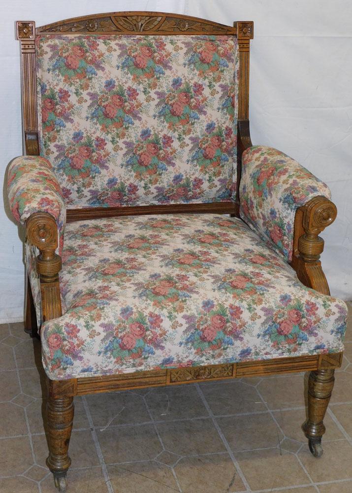 Walnut Victorian Carved Tapestry Upholstered Arm Chair: Walnut Victorian Carved Tapestry Upholstered Arm Chair. 36 1/4" H ALL DESCRIPTIONS AND ANY CONDITION STATEMENT GIVEN BY LANGSTON AUCTION GALLERY ARE STRICTLY OPINIONS AND LANGSTON'S SHALL HAVE NO RESP