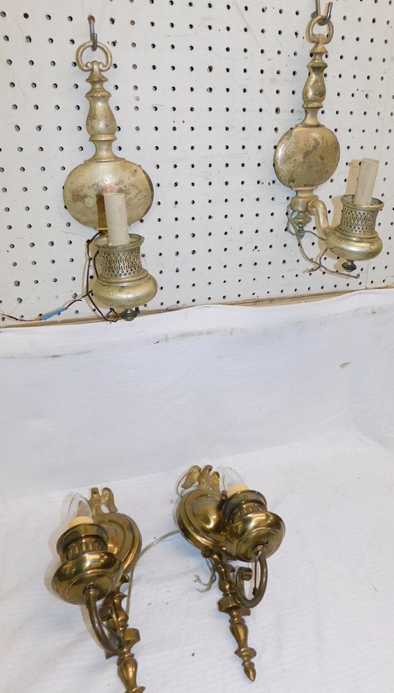 2 Pair of Brass Sconces: 2 Pair of Brass Sconces . Up to 12 1/2" H ALL DESCRIPTIONS AND ANY CONDITION STATEMENT GIVEN BY LANGSTON AUCTION GALLERY ARE STRICTLY OPINIONS AND LANGSTON'S SHALL HAVE NO RESPONSIBILITY FOR ERRORS OR