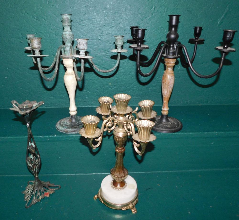 Lot of Candelabras: Lot of Candelabras. Up to 13 1/2" H ALL DESCRIPTIONS AND ANY CONDITION STATEMENT GIVEN BY LANGSTON AUCTION GALLERY ARE STRICTLY OPINIONS AND LANGSTON'S SHALL HAVE NO RESPONSIBILITY FOR ERRORS OR OMISS