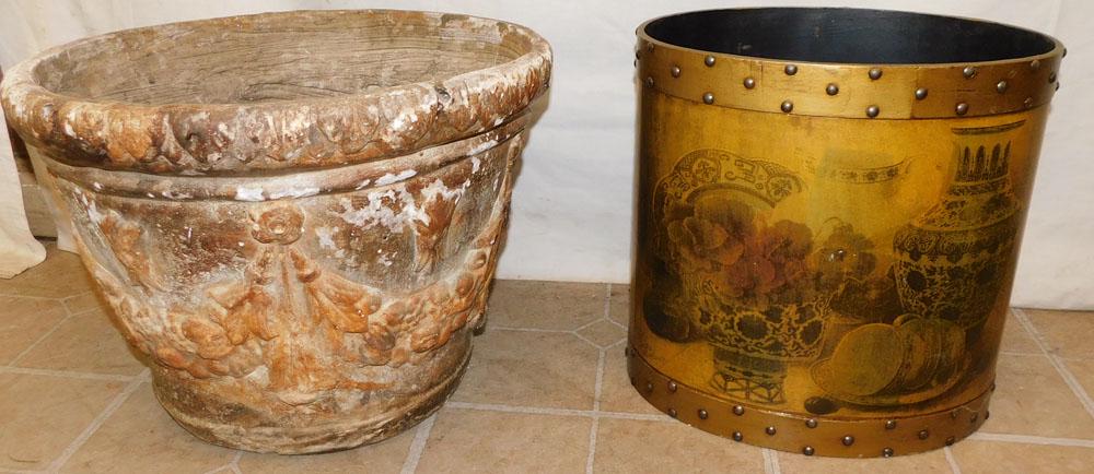 Molded Gesso Jardiniere & Paint Decorated Waste Basket (1 of 2)