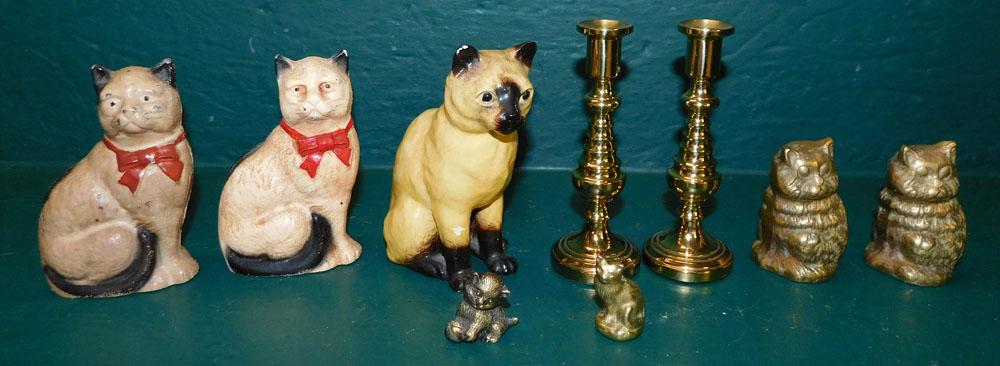 Miniature Baldwin Brass Candlesticks, Cast Iron Cat Banks, & Pottery Cat (1 of 2)