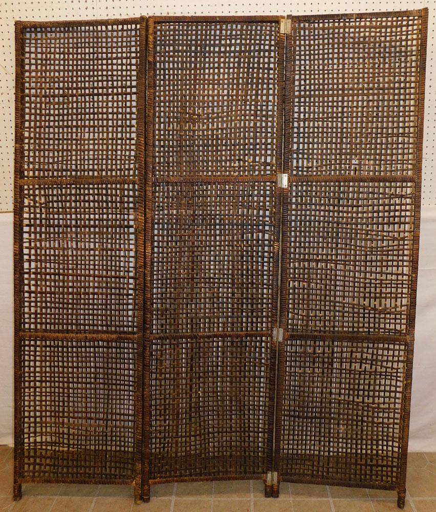 Three-Panel Wicker Room Divider: Three-Panel Wicker Room Divider. 57 1/2" X 72 1/4" ALL DESCRIPTIONS AND ANY CONDITION STATEMENT GIVEN BY LANGSTON AUCTION GALLERY ARE STRICTLY OPINIONS AND LANGSTON'S SHALL HAVE NO RESPONSIBILITY FOR