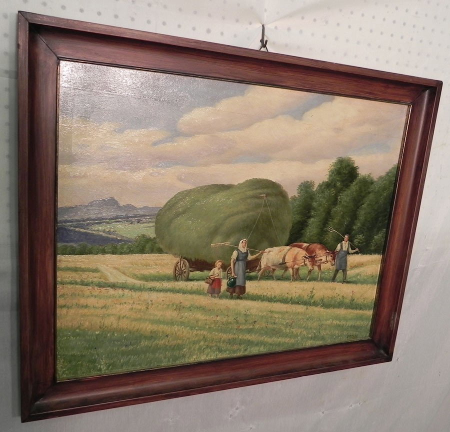Oil on artist board, Signed G. Kreig.: Oil on artist board of hay hauling scene. Signed G. Kreig. 31" x 25".