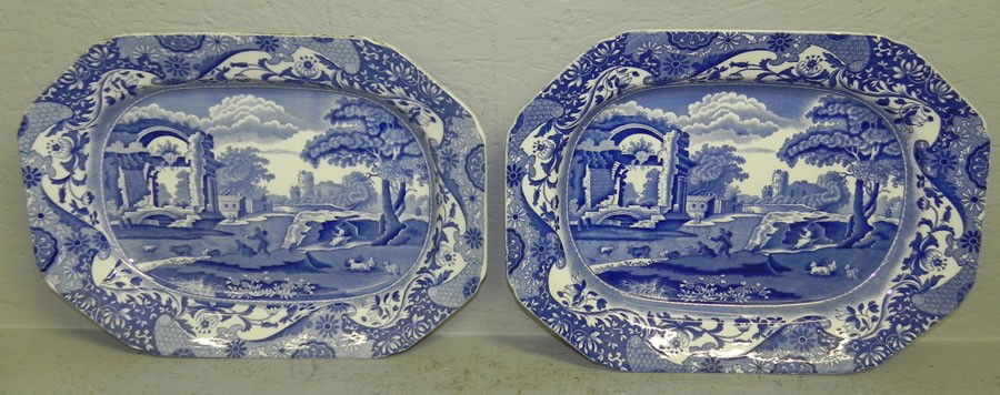 Pr early transfer Spode platters "Italian" pattern: Pair of early transfer Spode platters in "Italian" pattern. 10 3/4"x 14".