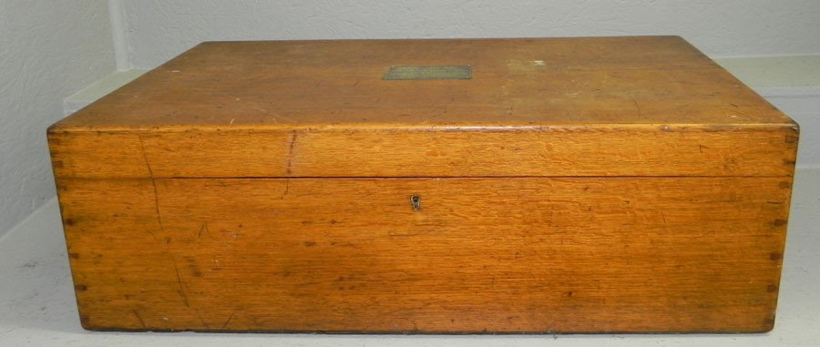 Dove tailed quarter sawed silver chest: Dove tailed quarter sawed silver chest, personalized to Reverend John Alston and Dora Priestly Smith, July 4th, 1905 on sterling label.
