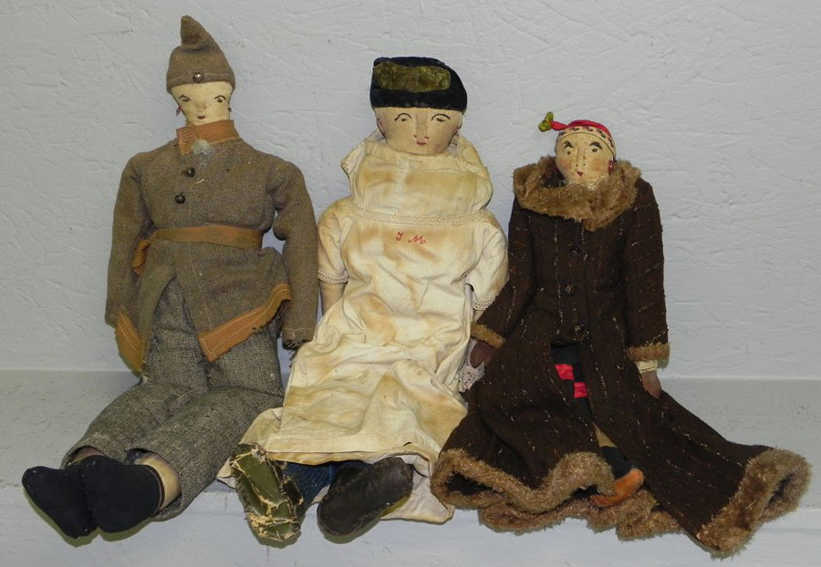 (3) handmade 19th century rag dolls.: (3) handmade 19th century rag dolls.