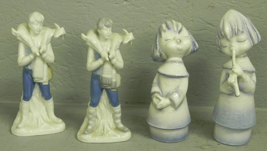 (2) pair of Bavarian figurines.: (2) pair of Bavarian figurines. First is men with sheep, others are chorus girls.