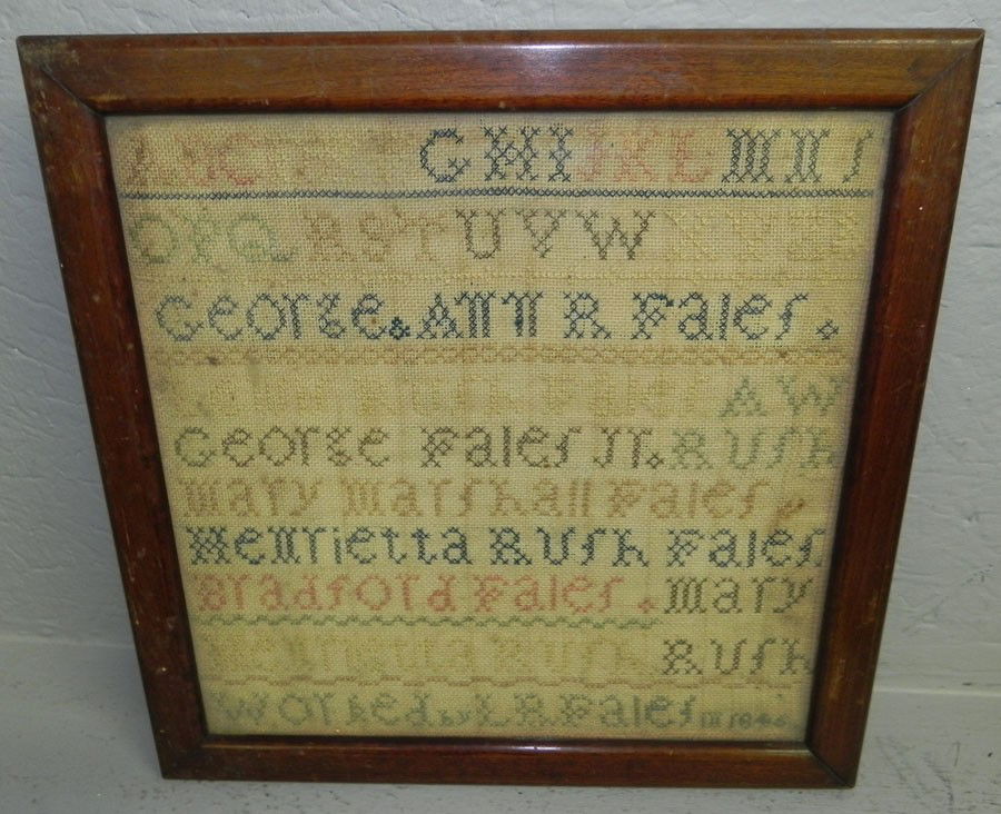 1846 dated family list sampler by L.R. Fales: 1846 dated family list sampler worked by L.R. Fales. From a Raleigh estate. 12 3/4" x 12 1/2"