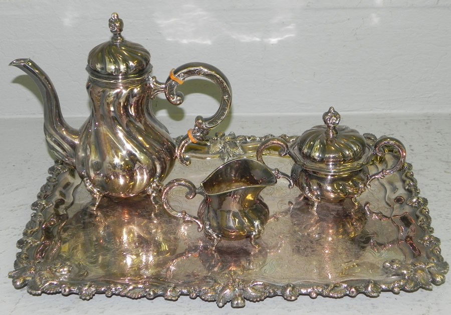 German sterling silver tea set w silver plate tray: German sterling silver tea set with silver plate tray. 25.28 T.O.