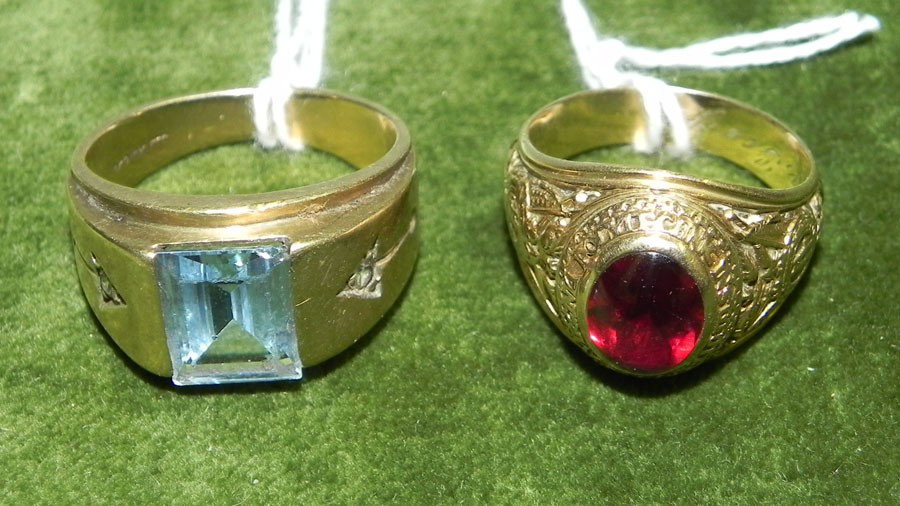 (2) 10K gold ladies rings.: (2) 10 kt. gold ladies rings. One has aquamarine colored stone, other is class ring from Virginia Tech dated 1941. Total weight is 15.5 grams including stones.