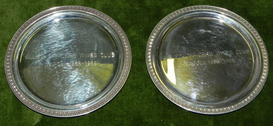(2) .800 silver coasters: (2) .800 silver coasters from the Allied Officers Wives Club, Napoli, 1965 & 1966. 2.13 T.O.