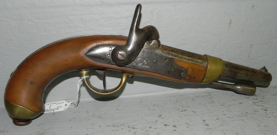 Antique cap and ball percussion handgun: Antique cap and ball percussion handgun personalized with the last name De Mutzig. Dated 1829. Numbered "1152" 14" long.