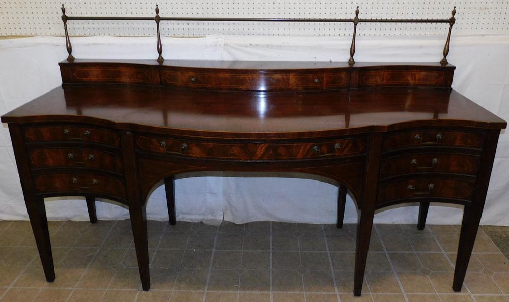 Mahogany Inlay Sideboard W/ Gallery By Baker: Mahogany Inlay Sideboard W/ Gallery By Baker. 78 1/4" W 28" D 48 3/4" H PLEASE REFER TO OUR "TERMS OF SALE" FOR FULL DISCLOSURE OF OUR POLICY. THANK YOU!"