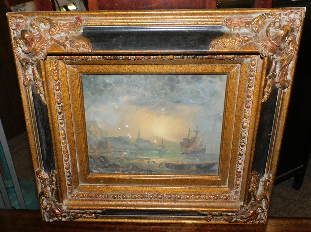 Oil On Board Ship Scene: Oil On Board Ship Scene. 17 3/4" X 15 3/4" PLEASE REFER TO OUR "TERMS OF SALE" FOR FULL DISCLOSURE OF OUR POLICY. THANK YOU!"
