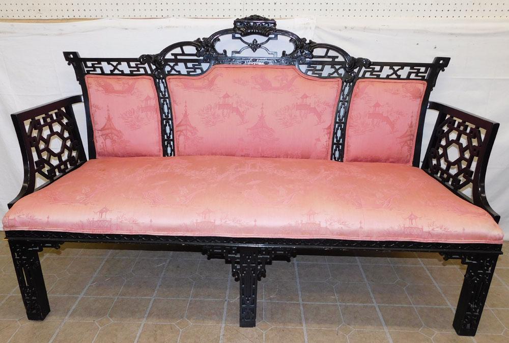 Black Lacquered Chinese Chippendale Sofa W Oriental Print Upholstery