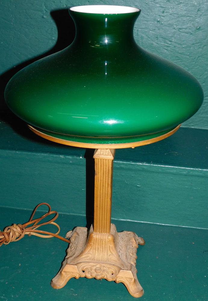 Antique Metal Painted Lamp W/ Emerald Glass Shade (1 of 4)
