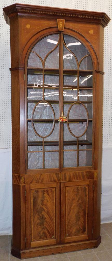 19th C Mahogany Wheel Inlay Glass Door Cabinet ( One Piece) (1 of 10)