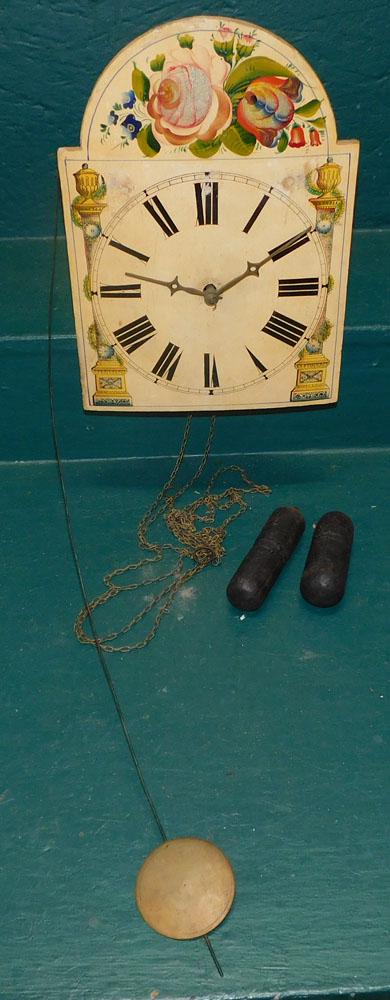 Vintage Painted Wood Dial Clock: Vintage Painted Wood Dial Clock . 10" X 13 1/2" PLEASE REFER TO OUR "TERMS OF SALE" FOR FULL DISCLOSURE OF OUR POLICY. THANK YOU!"