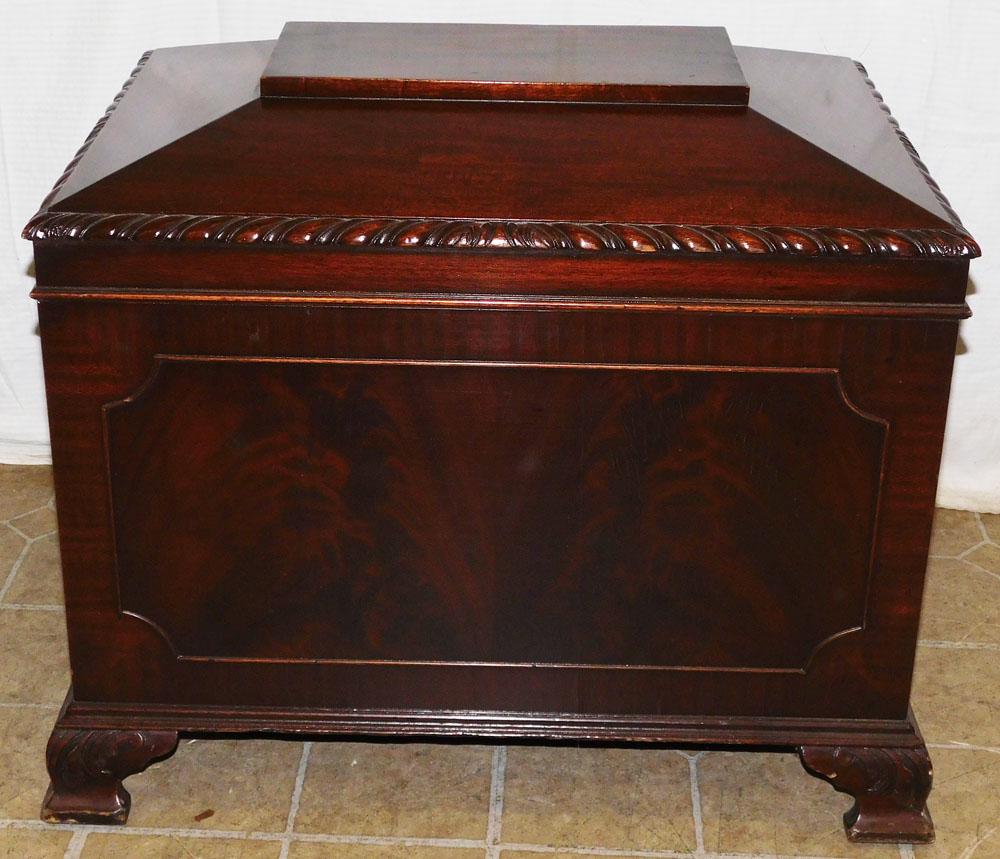 Carved Mahogany Zinc Lined Wine Cooler: Carved Mahogany Zinc Lined Wine Cooler. 26" W 19 1/4" D 21" H PLEASE REFER TO OUR "TERMS OF SALE" FOR FULL DISCLOSURE OF OUR POLICY. THANK YOU!"