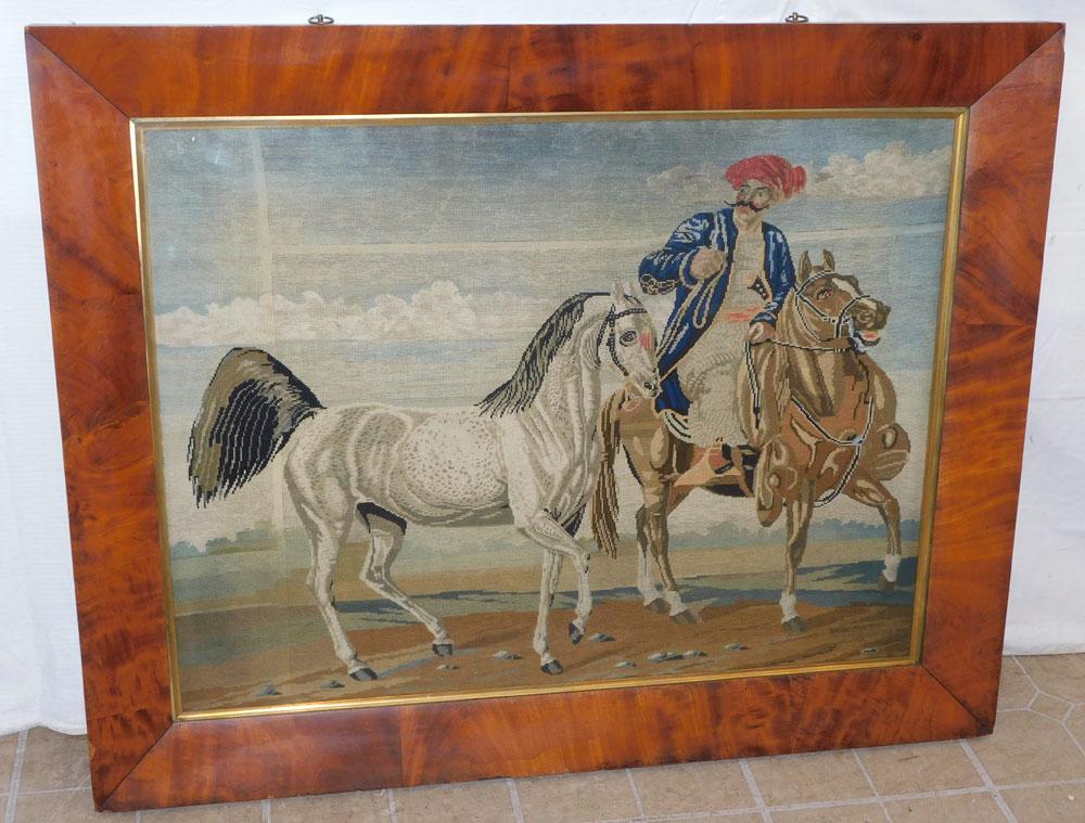 Large 19th C Mahogany Ogee Framed Needlepoint of Arabian Man with Horses (1 of 5)
