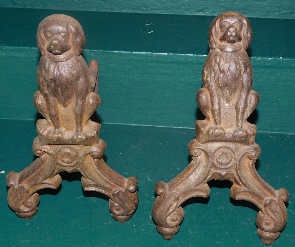Pair of Cast Iron Dog Andirons, (1 As Is) (1 of 3)