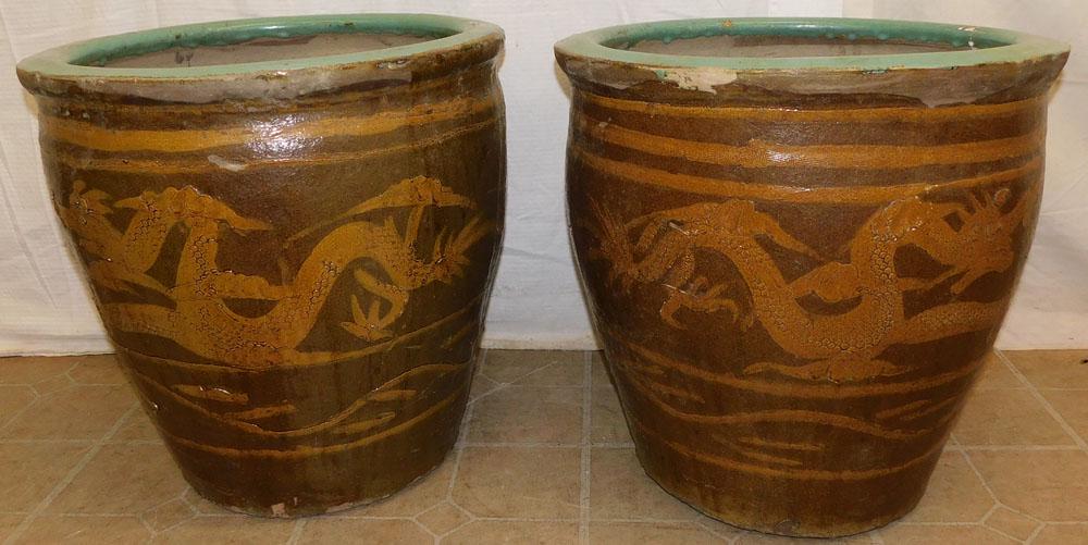 Pair of Stoneware Oriental Planters with Dragon Motif (1 of 3)