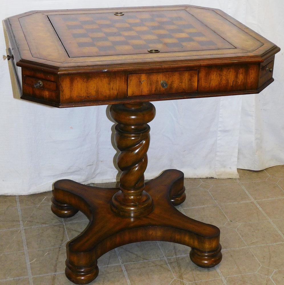 Signed Maitland Smith Barley Twist Pedestal Inlaid Game Table with 4 Drawers & Game Pieces (1 of 10)