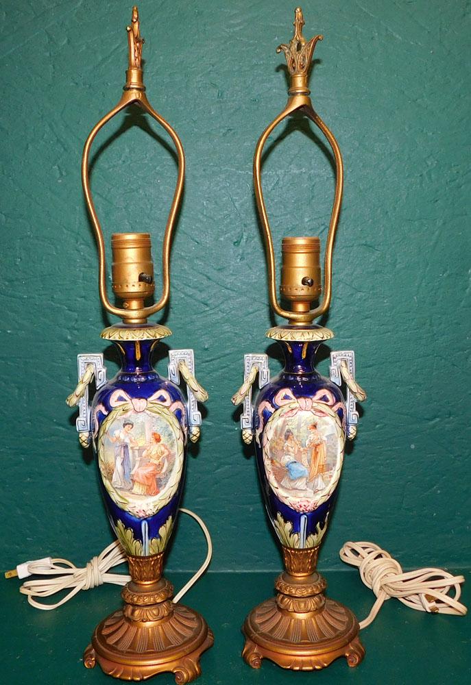 Pair of Hand Painted Porcelain & Gilded Metal Lamps (1 of 3)