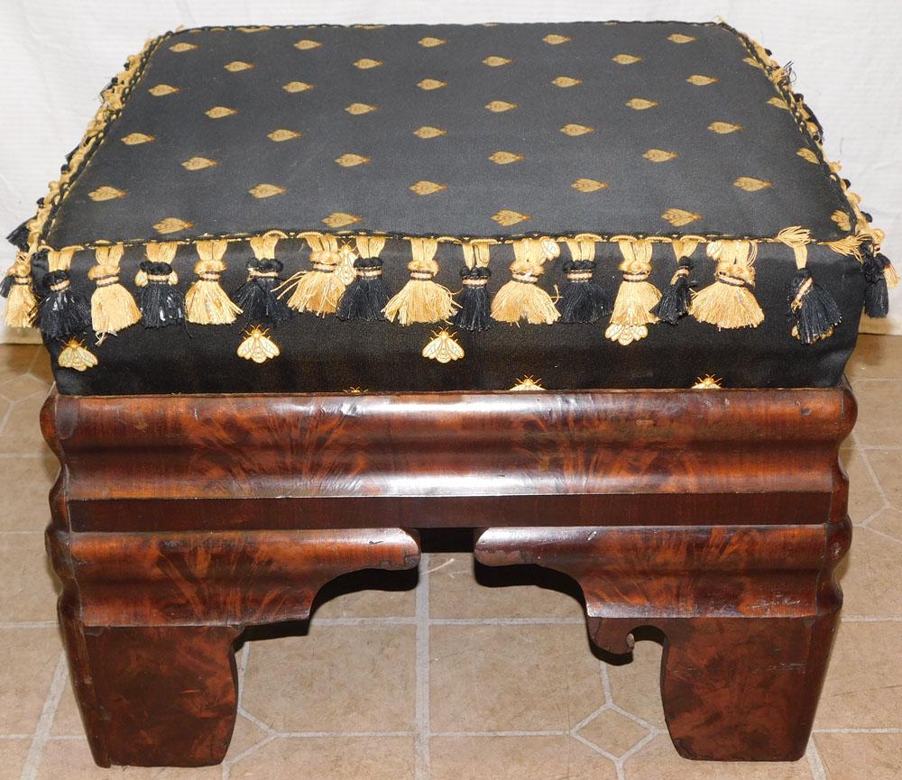 19th C Mahogany Empire Ottoman: 19th C Mahogany Empire Ottoman. 22 1/2" W 23" D 17" H PLEASE REFER TO OUR "TERMS OF SALE" FOR FULL DISCLOSURE OF OUR POLICY. THANK YOU!"