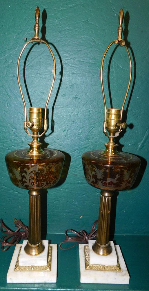 Pair of Amber Cut to Clear Glass Font Lamps with Marble Bases (1 of 3)