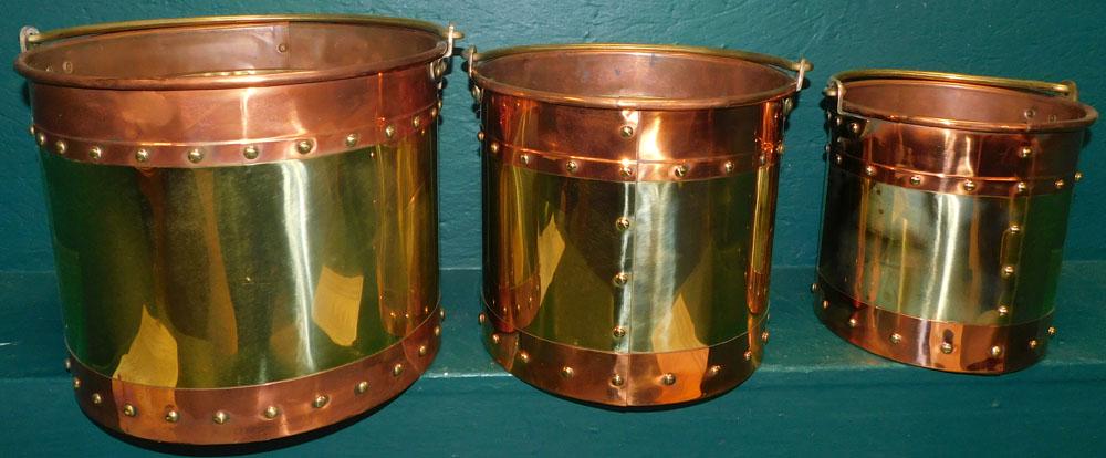 3 Graduated Brass & Copper Bound Buckets (1 of 3)