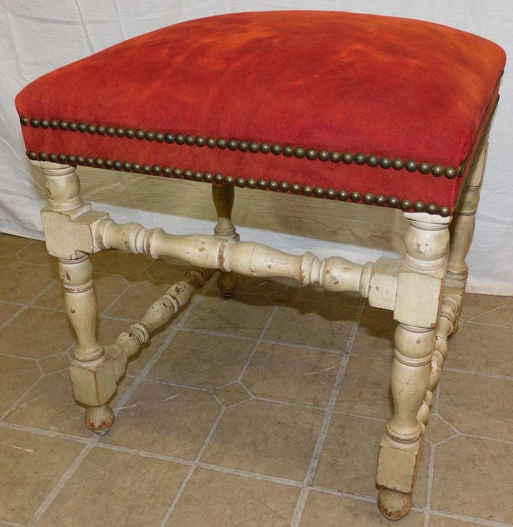 Painted Turned Stretcher Ottoman with Suede Top: Painted Turned Stretcher Ottoman with Suede Top. 18" Dia. 20 1/2" H PLEASE REFER TO OUR "TERMS OF SALE" FOR FULL DISCLOSURE OF OUR POLICY. THANK YOU!"