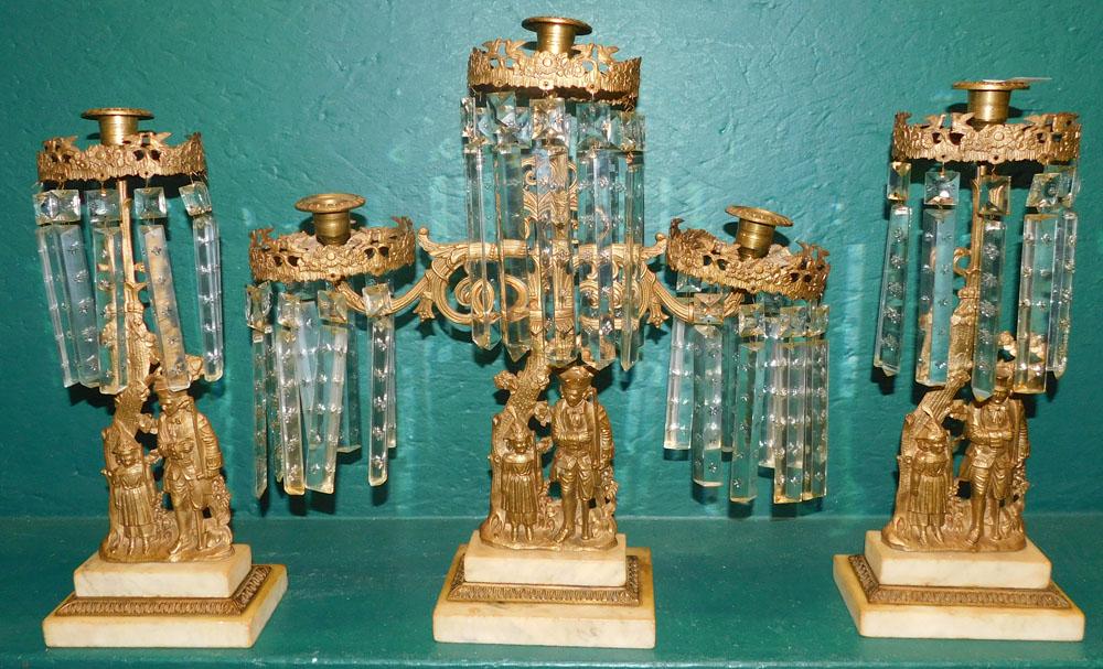 3 Piece Figural Brass & Marble Base Girandole Set with Prisms (1 of 4)