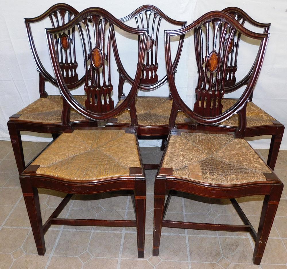 Set of 5 Mahogany Inlaid Shield Back Chairs with Rush Seats (1 of 5)