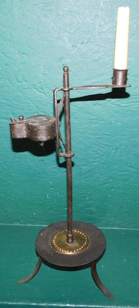 Early Adjustable 19th C Forged Iron Candle Lamp (1 of 4)