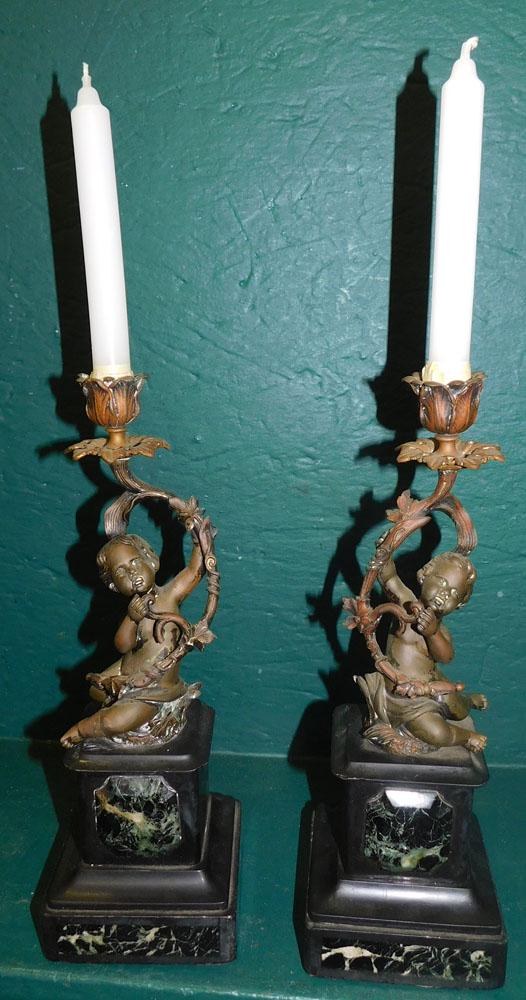 Pair Bronze Cherub Marble Base Candlesticks (1 of 3)