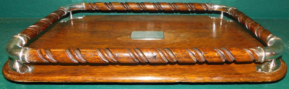 Antique English Oak & Silver Plate Gallery Tray (1 of 5)